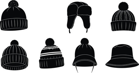 Winter hat silhouette set, black and white headwear illustrations, festive beanie and trapper graphics, seasonal fashion design elements collection