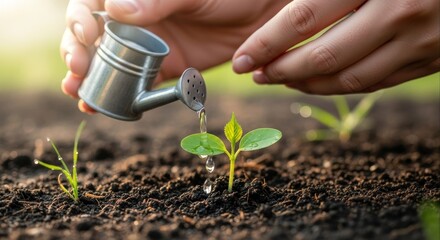 Hands gently watering a young seedling with a miniature watering can in rich soil symbolizing growth nurturing and the beginning of new life in a garden setting outdoors