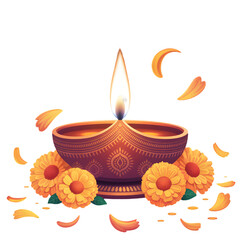 Traditional Indian clay Diya lamp illuminated with a bright flame surrounded by marigold flowers and petals.