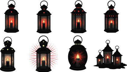 Black and red lantern vector set, glowing candle icons, festive holiday design, cultural celebration artwork, printable decorative light illustration © Masum's World