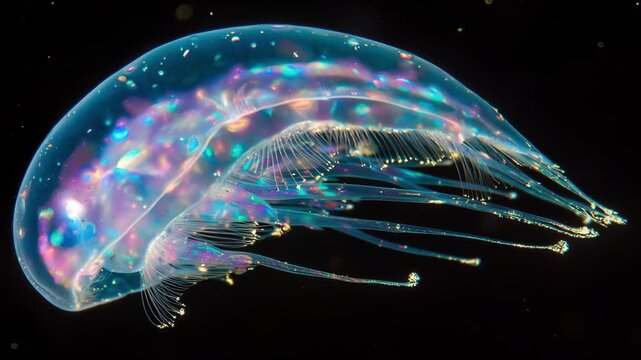 A jellyfish floats slowly through dark ocean waters, showcasing its luminous colors and delicate tentacles in a serene environment