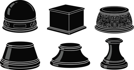 Architectural pedestal silhouette set, decorative base designs, column support graphics, black structure illustrations, ornate foundation elements, classical art components