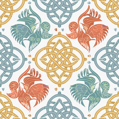 A seamless Celtic animal knot pattern featuring intertwined creatures. Ideal for historical prints, fantasy projects, and tattoo-style art.