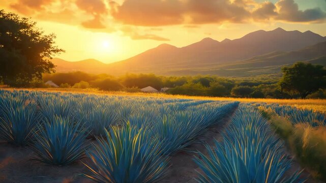 Golden Sunset Over Agave Fields with Mountain Landscape