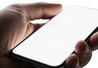 Hand holding modern smartphone with blank screen for content creation and mobile technology concept isolated on transparent background