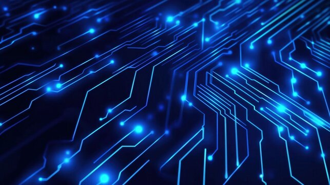 Circuit board with glowing blue lines