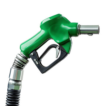 Fuel nozzle petrol pump green silver filling station gas object isolated transparent in clear view with natural colors and sharp focus on a plain background. Simple clean style for stock use in print