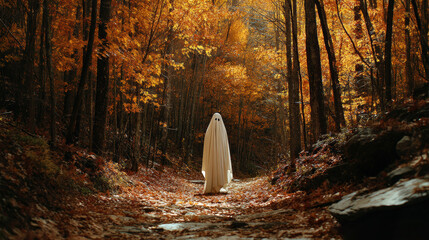 Spooky Ghost in Autumn Forest Path During Halloween Season Evening