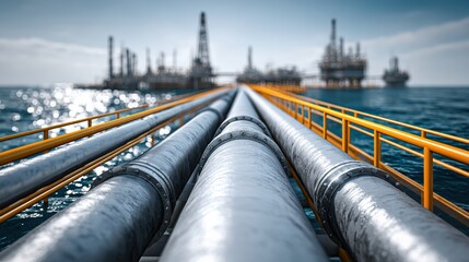 Offshore Oil and Gas Pipeline Infrastructure Leading to Industrial Platforms at Sea