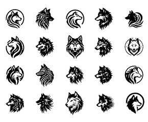 Collection of twenty wolf head illustrations in various styles isolated on transparent background for design needs