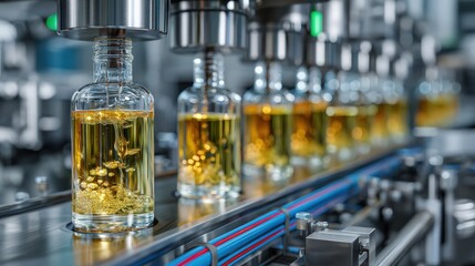 Automated Beverage Filling Line with Glass Bottles in Modern Factory Production Process