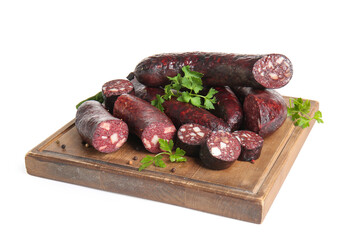 Cutting board with delicious blood sausage and fresh parsley isolated on white background