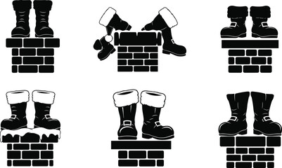 Santa boots in chimney, Christmas silhouette icons, festive holiday graphics, winter decoration elements, Santa Claus entry illustrations, seasonal celebration design