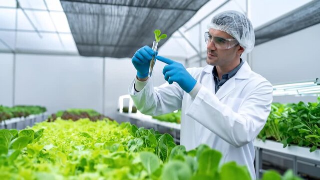 Scientist examining hydroponic plant in lab with rows of healthy lettuce.