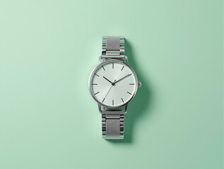 Minimalist Silver Wristwatch on Mint Green Background