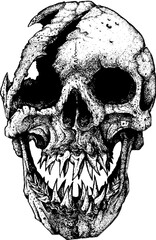 Creepy skull illustration isolated on transparent background, featuring a cracked cranium and sharp teeth, creating a macabre image