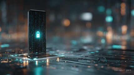 Futuristic Smartphone with Digital Security Lock Concept on Glowing Circuit Board Background