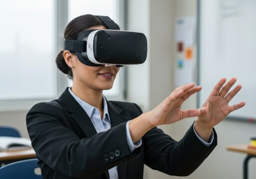 Businesswoman using virtual reality headset in modern classroom