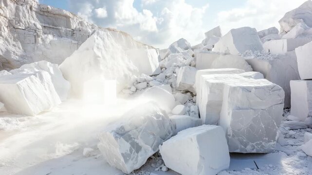 Large white marble blocks are being extracted and piled in a sunny quarry under a blue sky