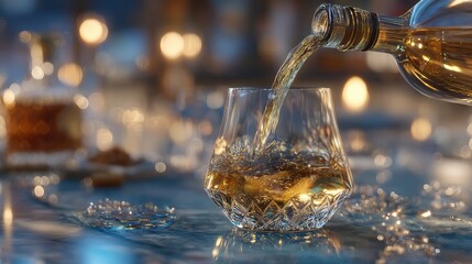Close-Up Pouring of Golden Whiskey into Crystal Glass Under Warm Bar Lighting