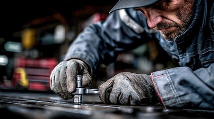 Close-Up of Skilled Mechanic Working with Precision Tools in Industrial Workshop