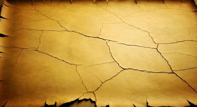Old parchment with cracks, burnt edges, yellow-brown hues evoke aged, mysterious mood. Dark shadows add drama. AI Generated