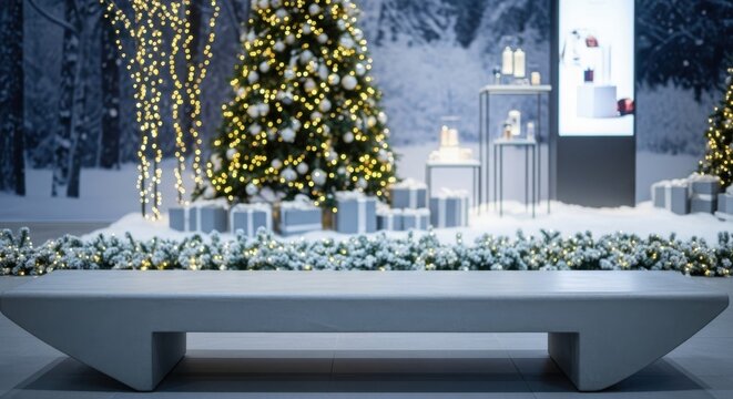 A bench is in front of a Christmas tree - Powered by Adobe