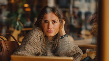 Cinematic Portrait of a Woman Relaxing in Cozy Café with Warm Light