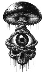 Surreal skull with mushroom and eye, a macabre vision isolated on transparent background, pen and ink drawing