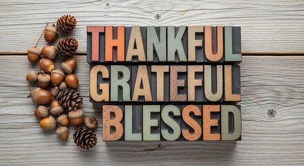 Rustic wooden background with acorns and pinecones framing vintage letterpress blocks spelling out the words thankful grateful blessed for a warm autumn or thanksgiving message