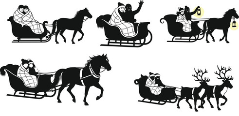 Winter sleigh ride silhouette, horse and reindeer pulling, festive couple in sleigh, holiday travel scene