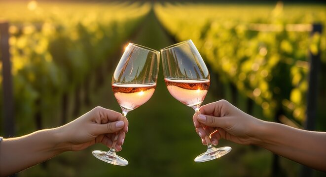 Two hands clinking elegant stemmed wine glasses with sparkling rose wine in a sunny vineyard