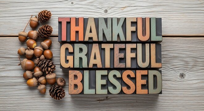 Rustic wooden background with acorns and pinecones framing vintage letterpress blocks spelling out the words thankful grateful blessed for a warm autumn or thanksgiving message