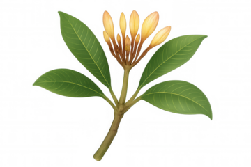 Plumeria flower buds budding on a branch with green leaves, botanical illustration, transparent background