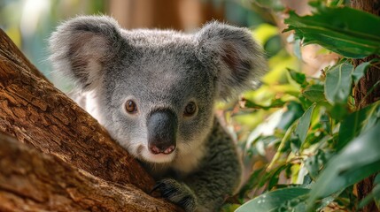 Naklejka premium Koala bear portrait in natural habitat resting amongst foliage