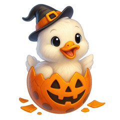 Fototapeta premium Cute duckling wearing witch hat inside pumpkin shell with happy