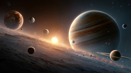 Majestic planets orbiting a vibrant star amidst asteroid fields in a breathtaking cosmic landscape