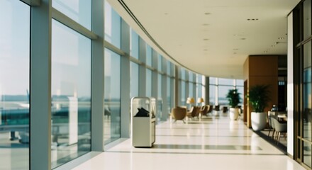 Spacious and luxurious airport lounge corridor with modern design and large windows