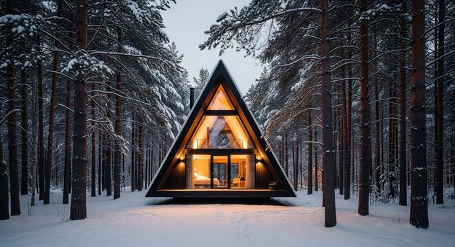 Modern a frame cabin with large panoramic glass windows nestled in a snow covered pine forest - Powered by Adobe