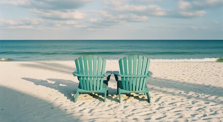 Two turquoise adirondack chairs on a white sand beach facing a calm blue ocean under a cloudy sky.