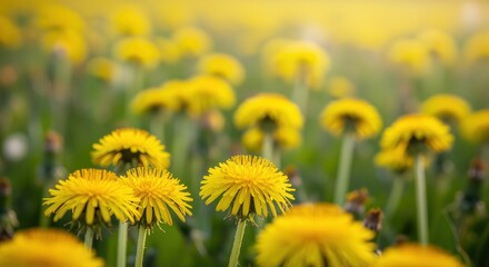 Obraz premium Vibrant field of bright yellow dandelions swaying in a gentle spring breeze under warm sunlight