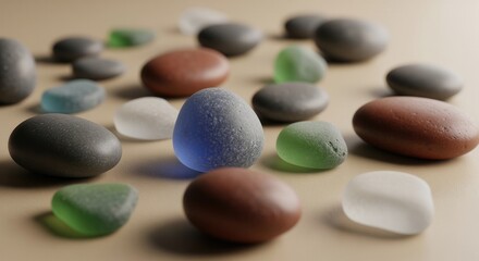 Lustrous polished river stones and colorful sea glass pieces scattered on a surface