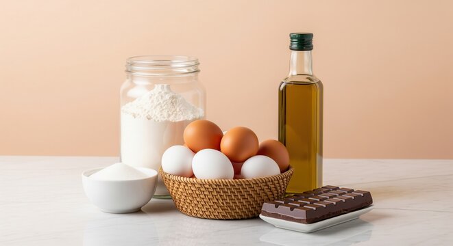 Essential baking ingredients, fresh eggs, flour, sugar, olive oil, and chocolate bar on marble countertop - Powered by Adobe