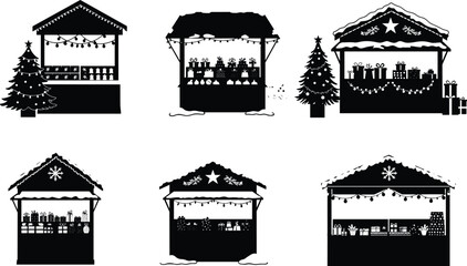 Black silhouette holiday market stall vector set, Christmas booth icons, festive decor design, printable seasonal artwork, winter celebration illustration