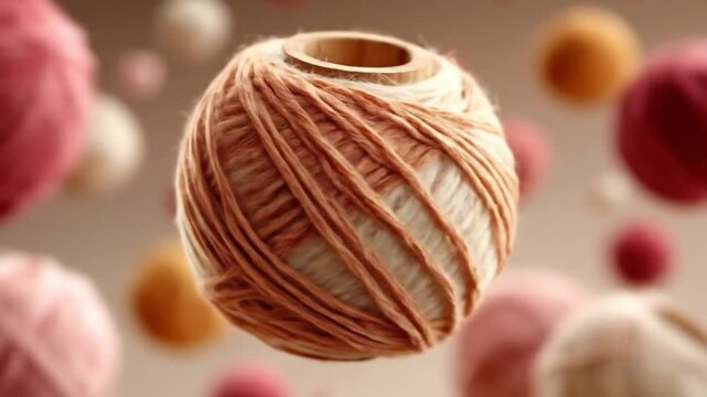 Floating ball of yarn with soft colors and blurry background elements