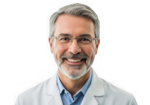 Professional portrait of a smiling middle-aged doctor wearing a white coat and glasses isolated on transparent background