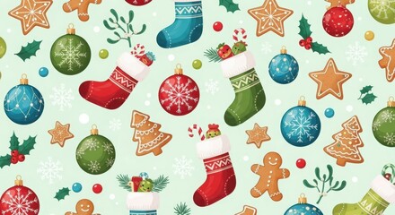 A Christmas themed pattern with many different colored ornaments and a star