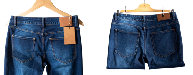 Casual Jeans Back View Hanging on Wooden Hanger, Isolated on White Background