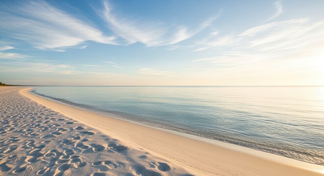 Serene beach scene with golden sand, calm waters, and blue sky. A tranquil landscape inviting relaxation.