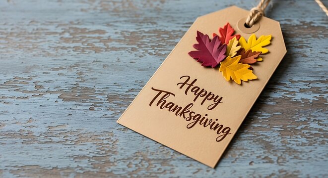 A rustic kraft paper gift tag with the words happy thanksgiving written in elegant script adorned with colorful autumn leaves resting on a weathered blue wooden surface evoking a warm seasonal greetin